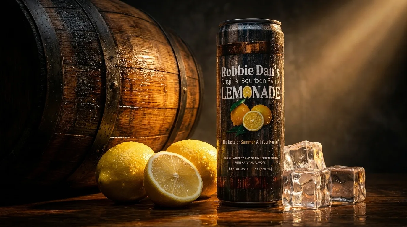 A can of Robbie Dan’s beside an oak barrel with fresh lemons and ice.