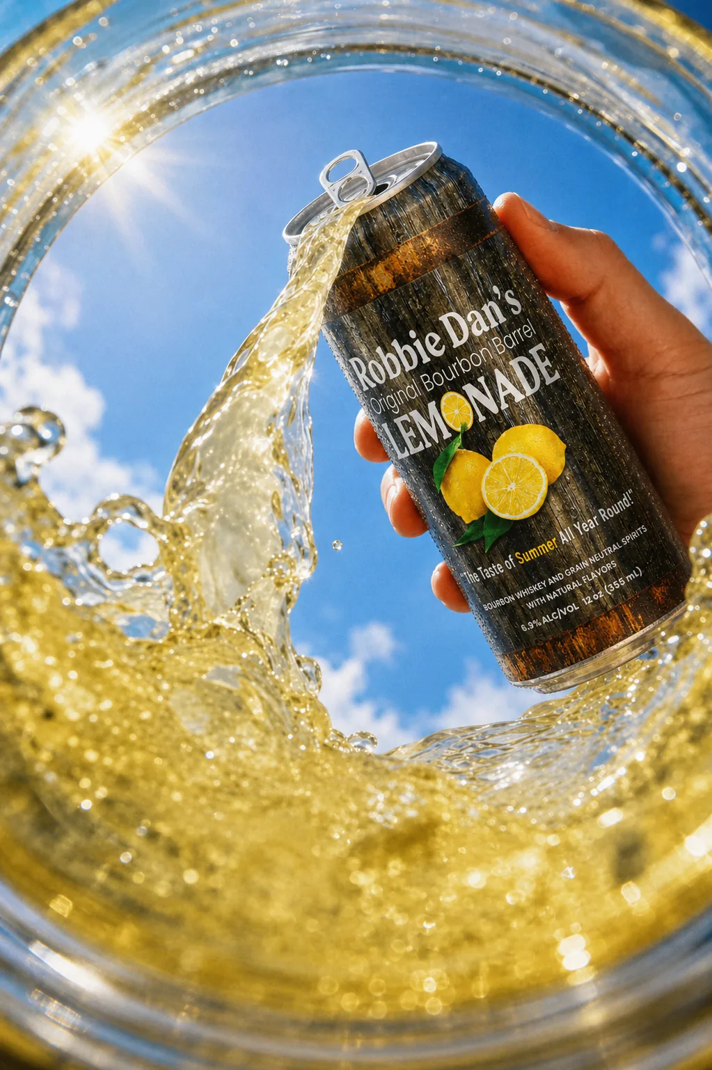 A can of Robbie Dan’s pouring into a glass under blue summer sky.